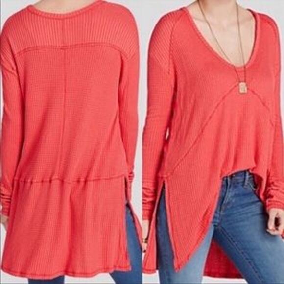 Free People Small S Red Pink Sunset Park Drippy Thermal Waffle Knit Tunic Top - Picture 14 of 14